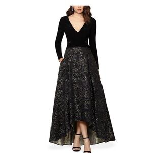 XSCAPE High-Low Black & Gold Brocade Ball Gown Size 16 Long Sleeves V-Neck Dress
